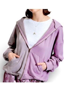EASEL MSRP $75 Color Block Full Zip Oversized Hoodie - Lavender/Grey